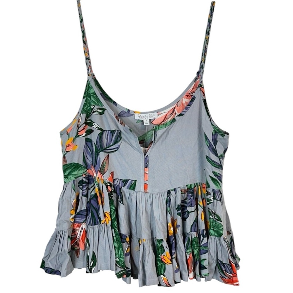 Patrons of Peace Grey Strappy Floral Babydoll Ruffle Crop Top Women’s Size S NWT